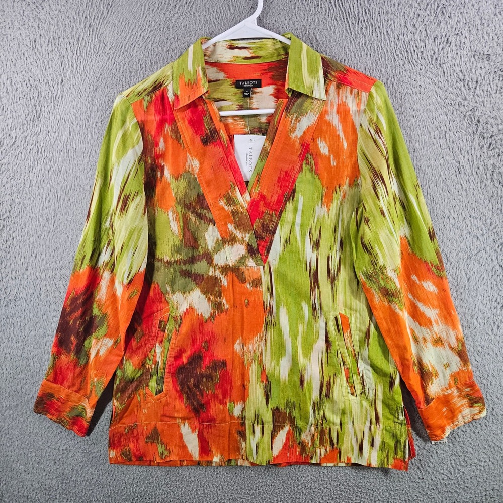 NEW Talbots Womens Orange Green Abstract Ikat Cotton Silk‎ Tunic Top Size 4 NWT